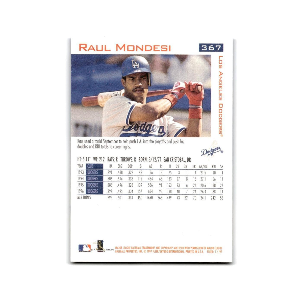 Raul Mondesi 1997 Fleer #367 Los Angeles Dodgers Baseball Card NM