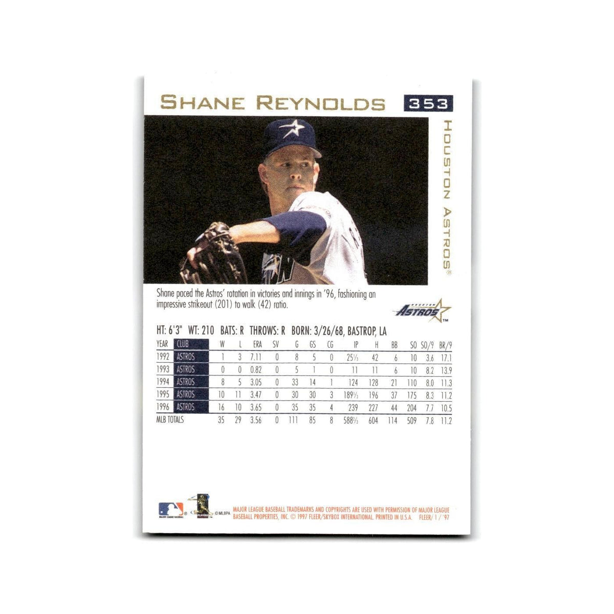 Shane Reynolds 1997 Fleer #353 Houston Astros Baseball Card NM