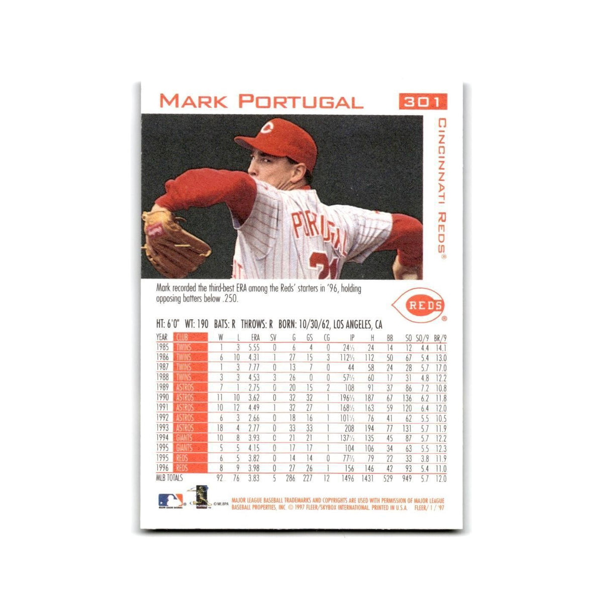 Mark Portugal 1997 Fleer #301 Cincinnati Reds Baseball Card NM