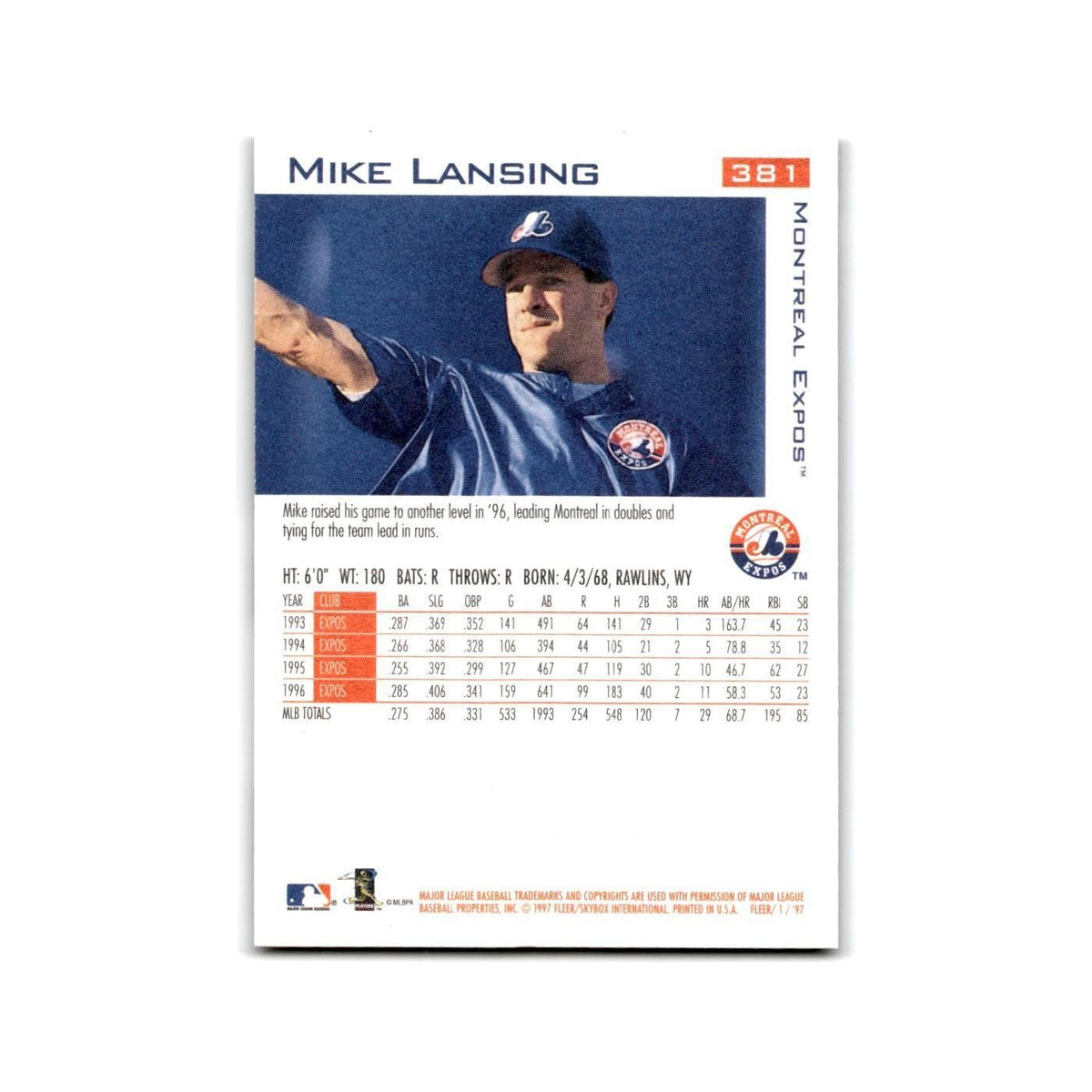 Mike Lansing 1997 Fleer #381 Montreal Expos Baseball Card NM