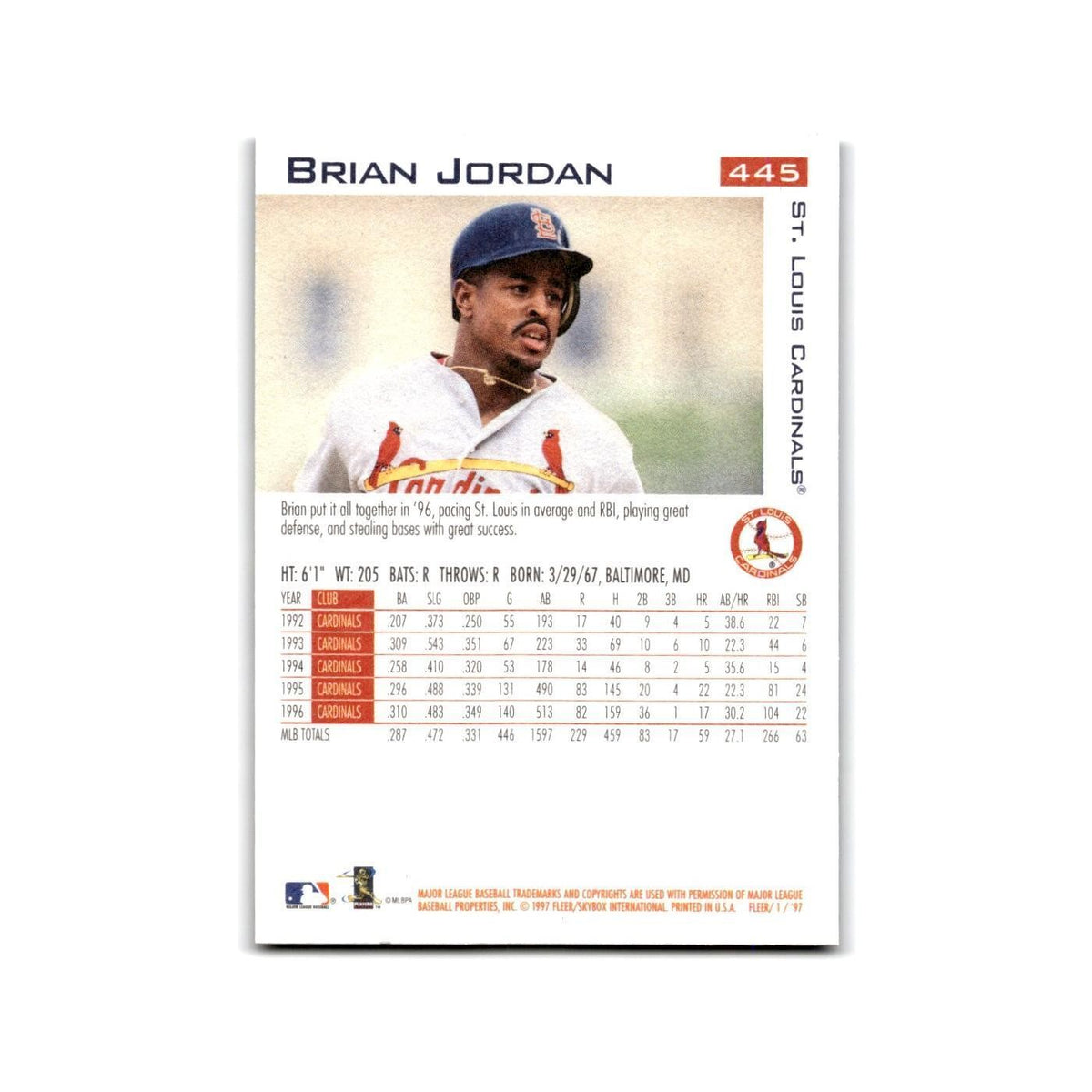 Brian Jordan 1997 Fleer #445 St. Louis Cardinals Baseball Card NM