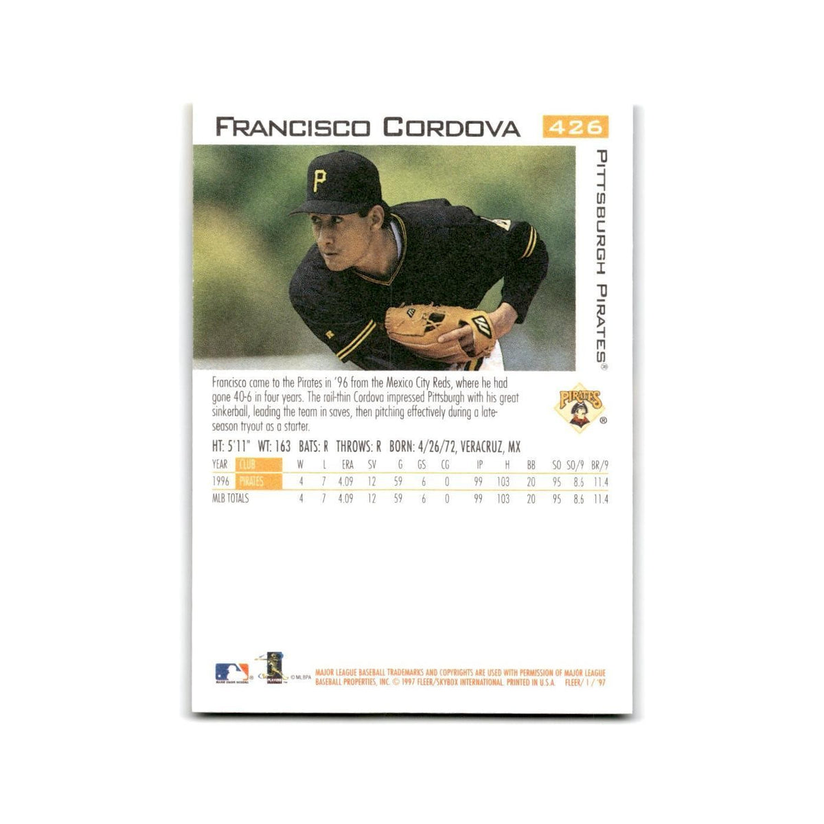 Francisco Cordova 1997 Fleer #426 Pittsburgh Pirates Baseball Card NM