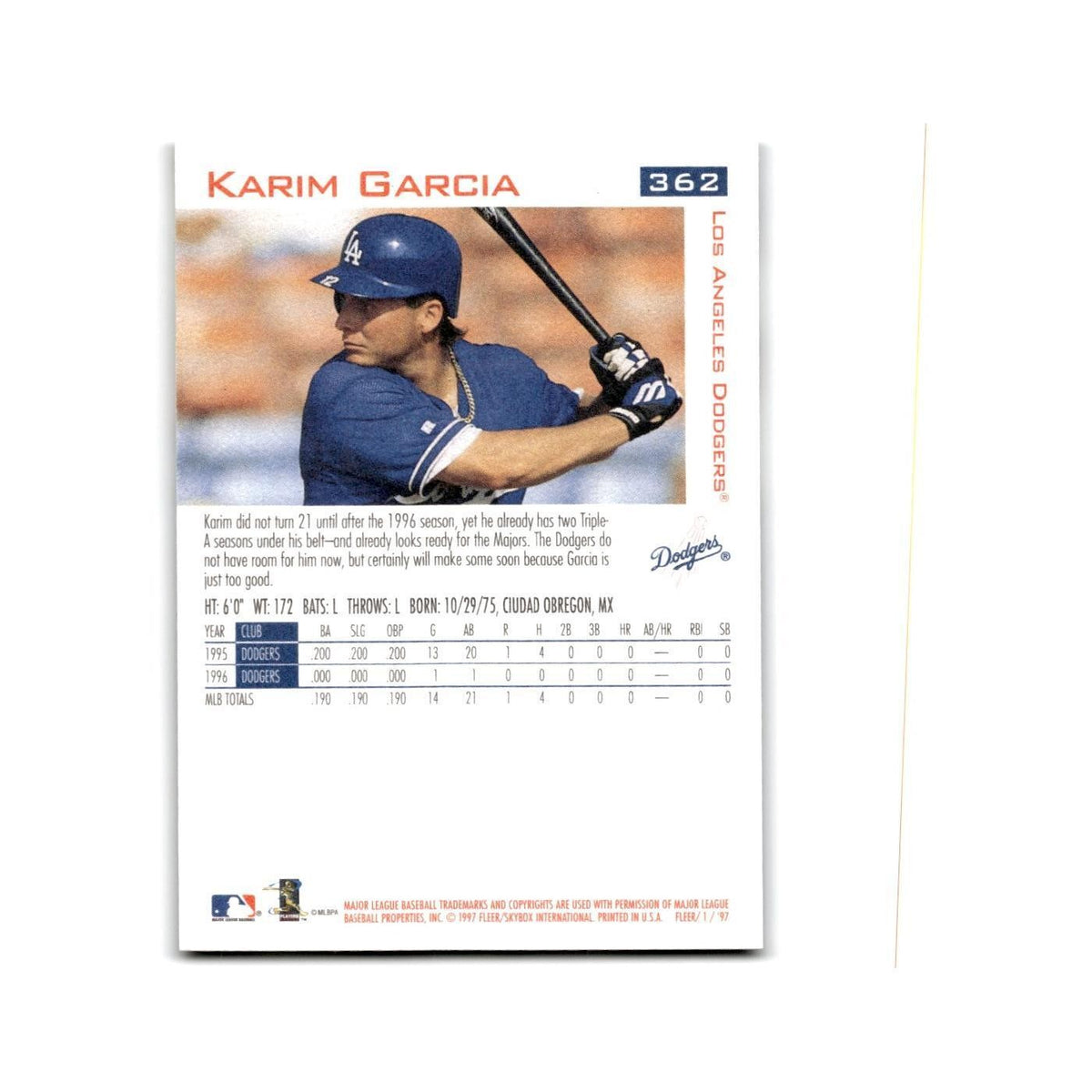 Karim Garcia 1997 Fleer #362 Los Angeles Dodgers Baseball Card NM