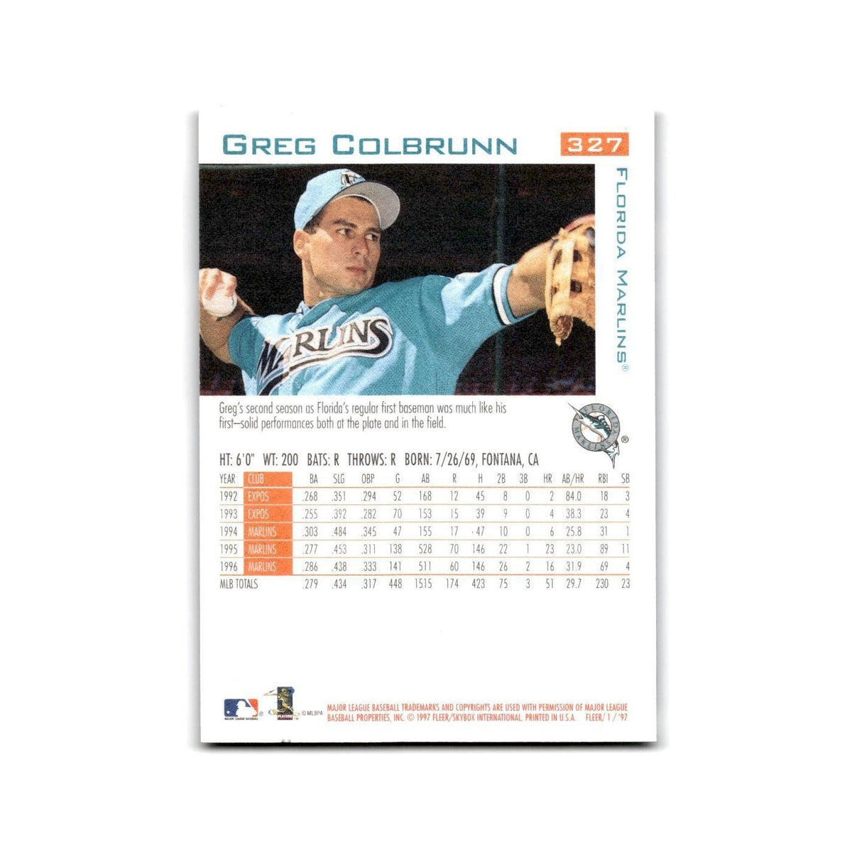 Greg Colbrunn 1997 Fleer #327 Florida Marlins Baseball Card NM