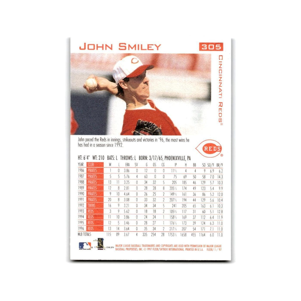 John Smiley 1997 Fleer #305 Cincinnati Reds Baseball Card NM