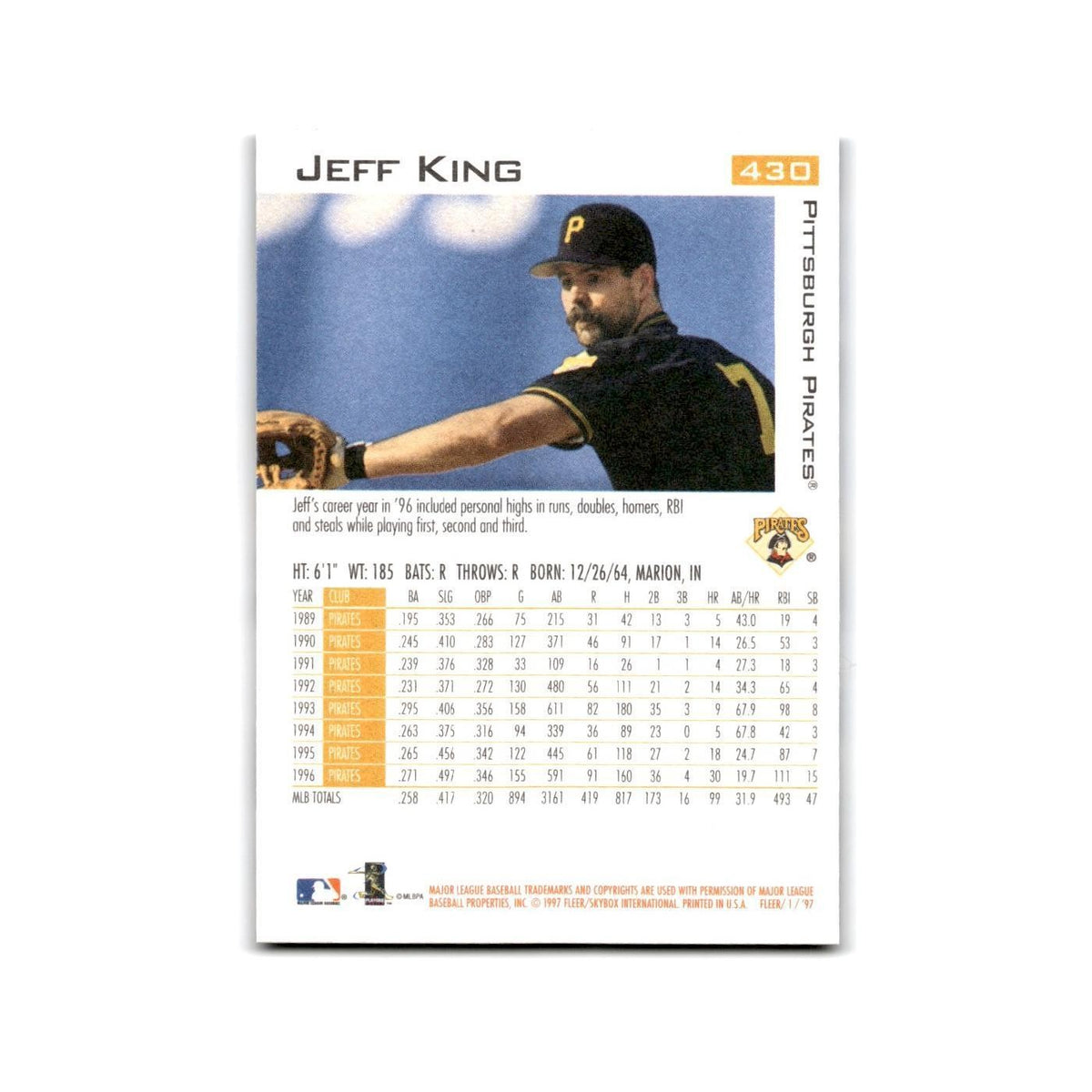 Jeff King 1997 Fleer #430 Pittsburgh Pirates Baseball Card NM