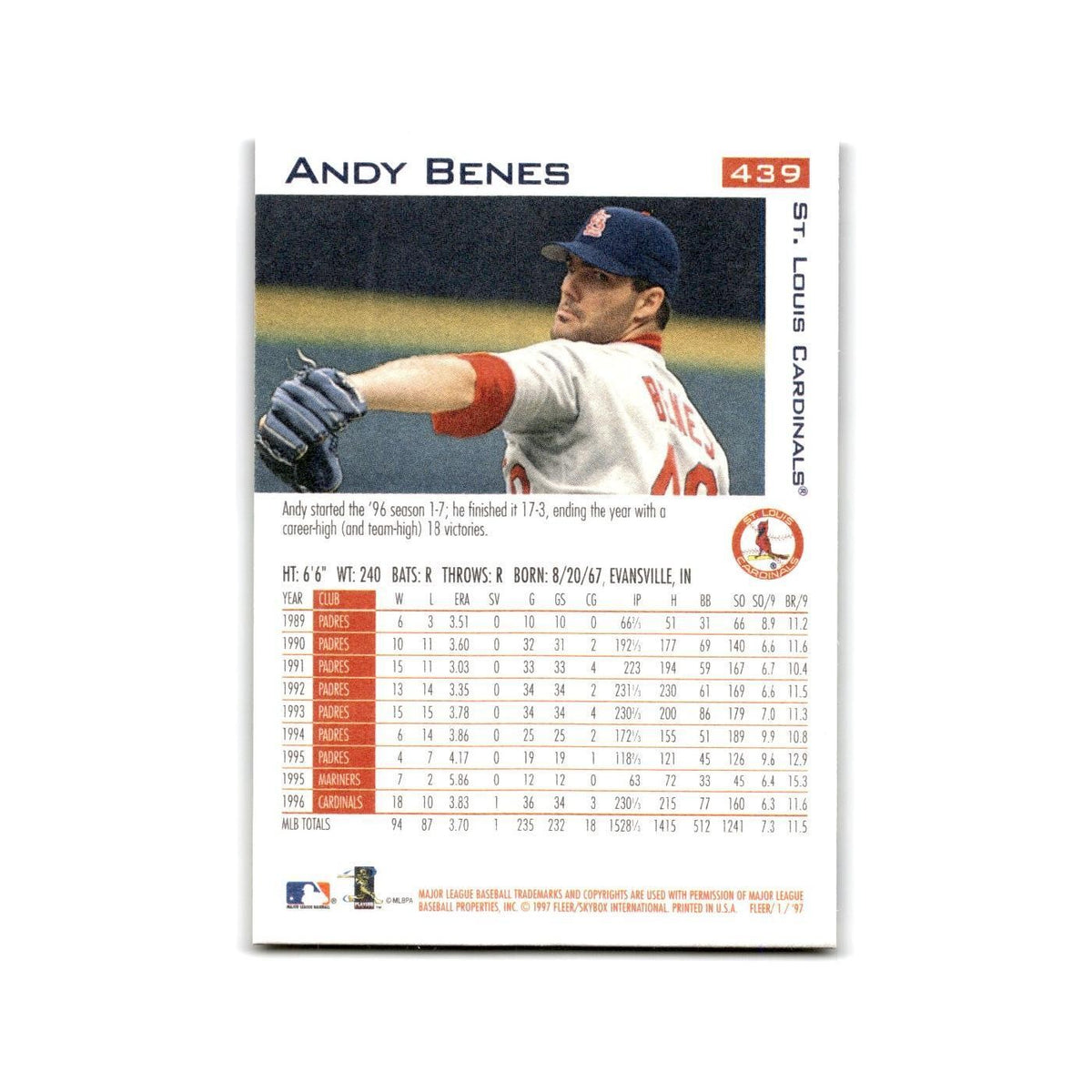 Andy Benes 1997 Fleer #439 St. Louis Cardinals Baseball Card NM