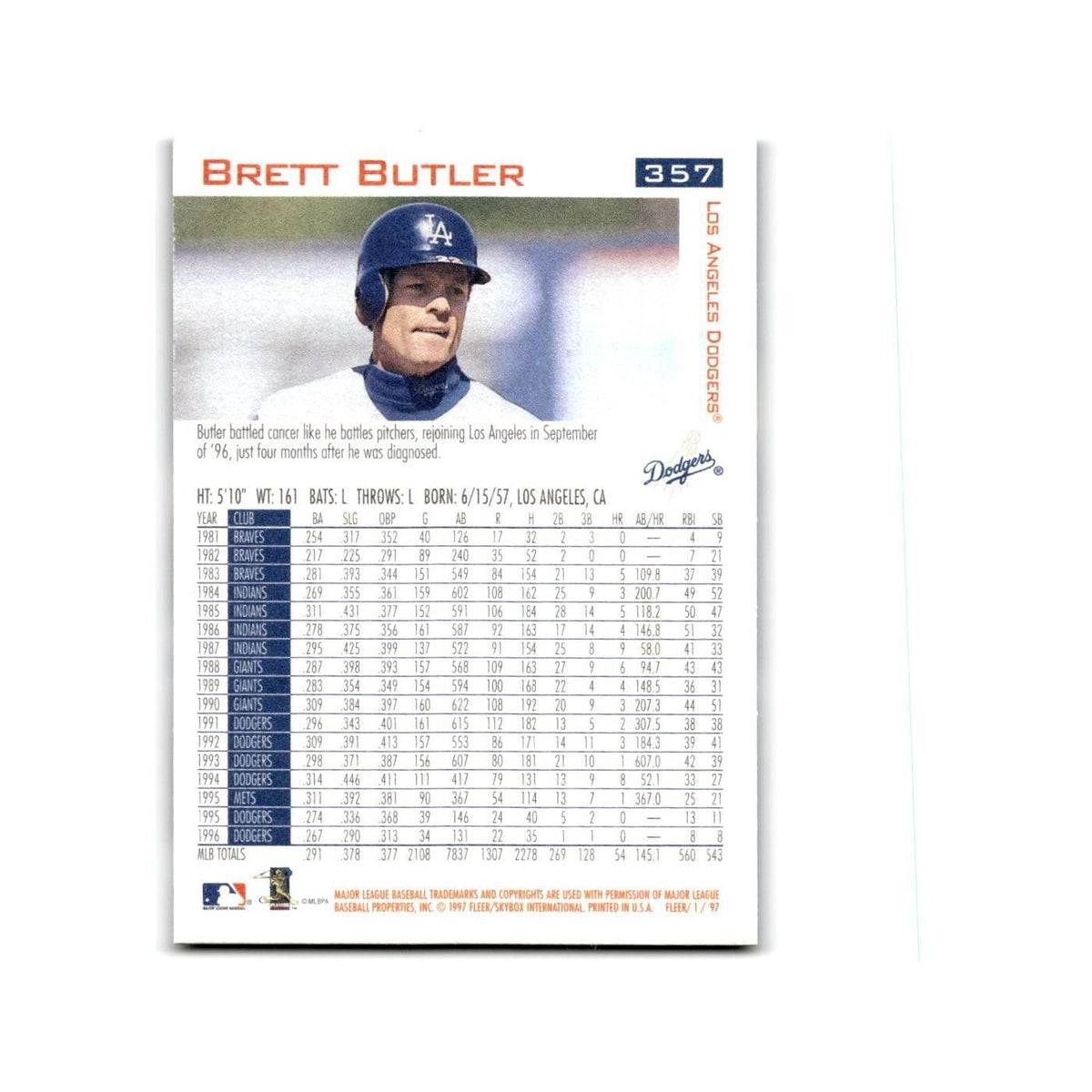 Brett Butler 1997 Fleer #357 Los Angeles Dodgers Baseball Card NM