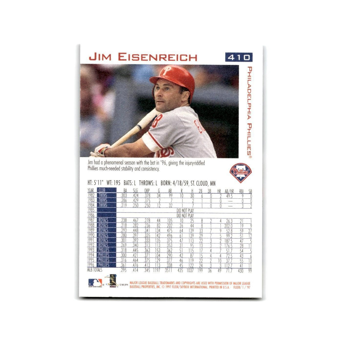 Jim Eisenreich 1997 Fleer #410 Philadelphia Phillies Baseball Card NM