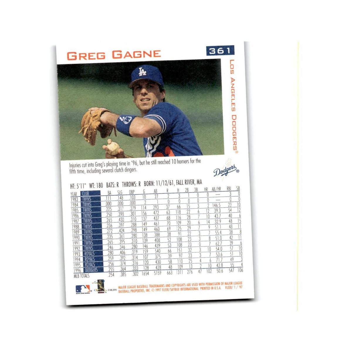 Greg Gagne 1997 Fleer #361 Los Angeles Dodgers Baseball Card NM