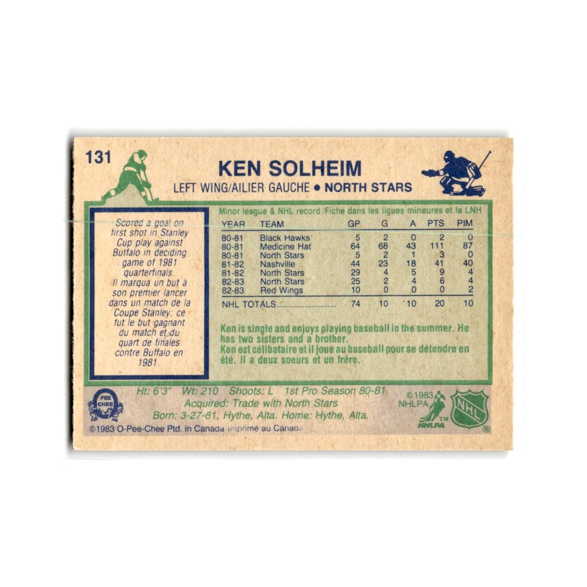 1983 O-Pee-Chee Ken Solheim RC Minnesota North Stars #131