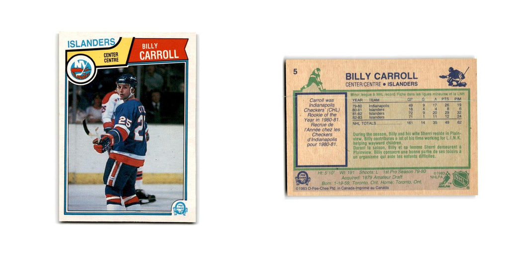 1983 O-Pee-Chee Billy Carroll RC New York Islanders #5