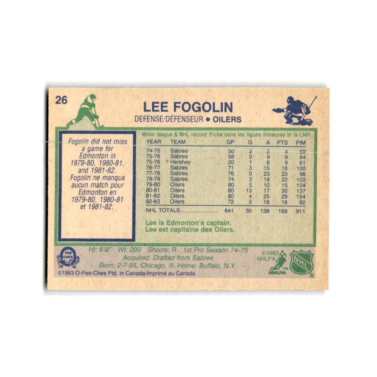 1983 O-Pee-Chee Lee Fogolin Edmonton Oilers #26