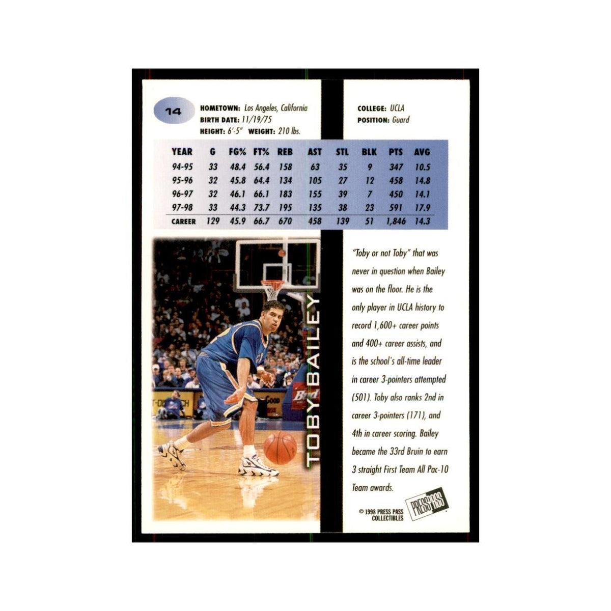 1998 Press Pass Toby Bailey Basketball Cards #14