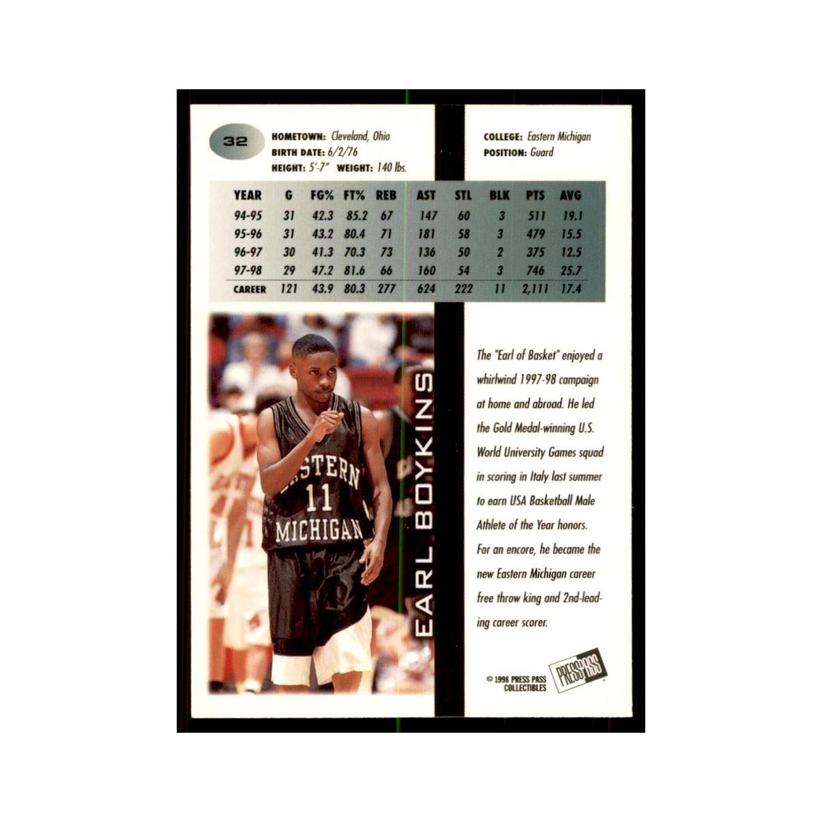 1998 Press Pass Earl Boykins Basketball Cards #32
