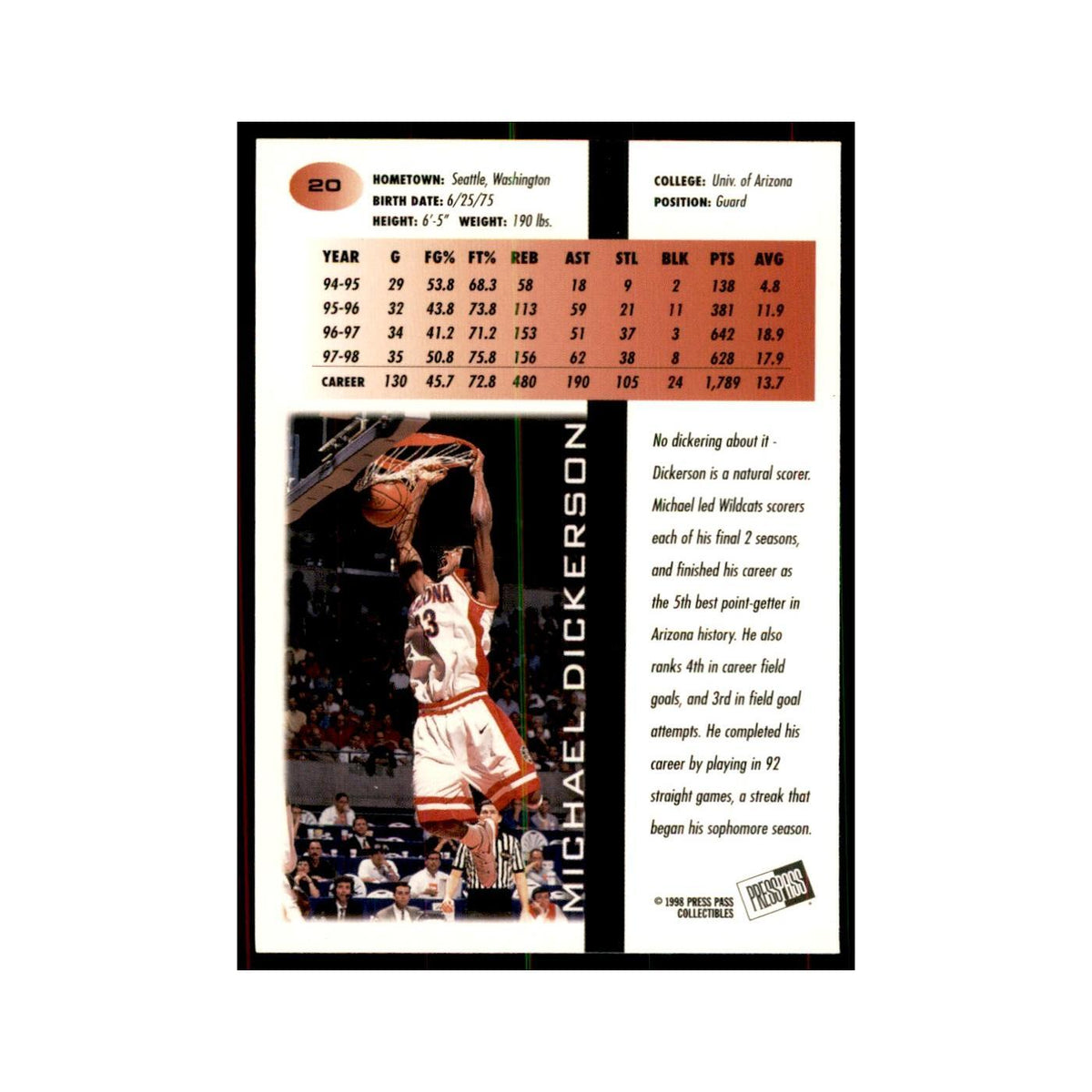 1998 Press Pass Michael Dickerson Basketball Cards #20