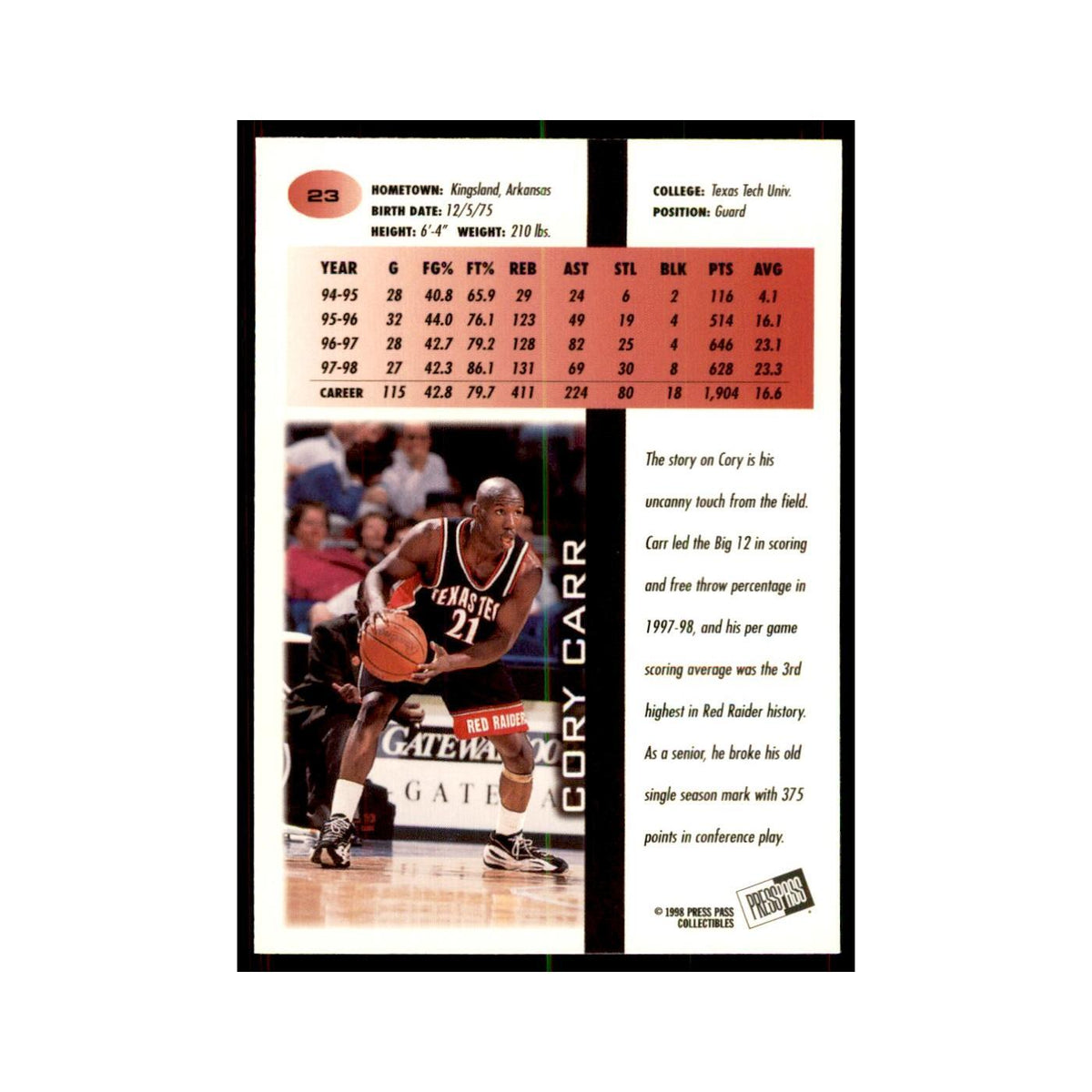 1998 Press Pass Cory Carr Basketball Cards #23