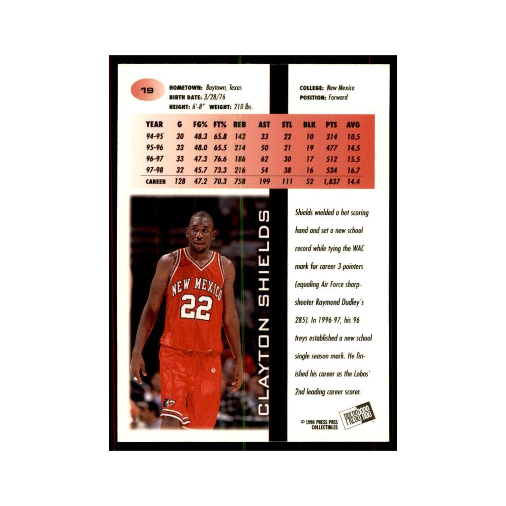 1998 Press Pass Clayton Shields Basketball Cards #19