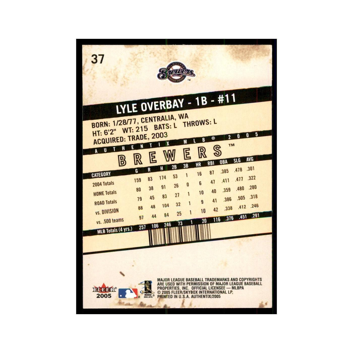 2005 Fleer Authentix Lyle Overbay Baseball Cards #37