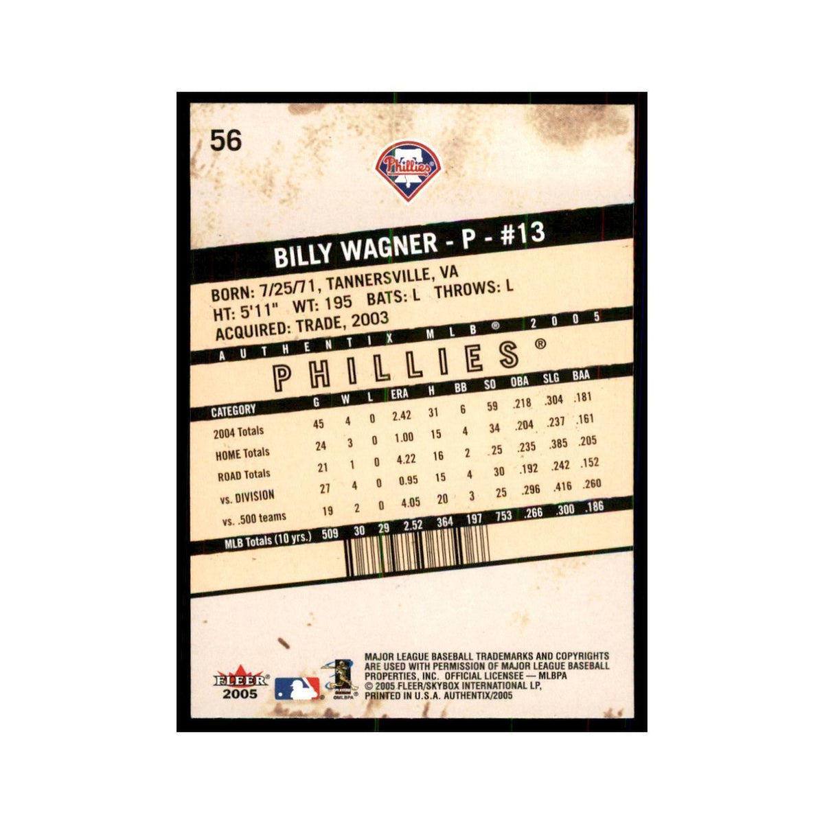 2005 Fleer Authentix Billy Wagner Baseball Cards #56