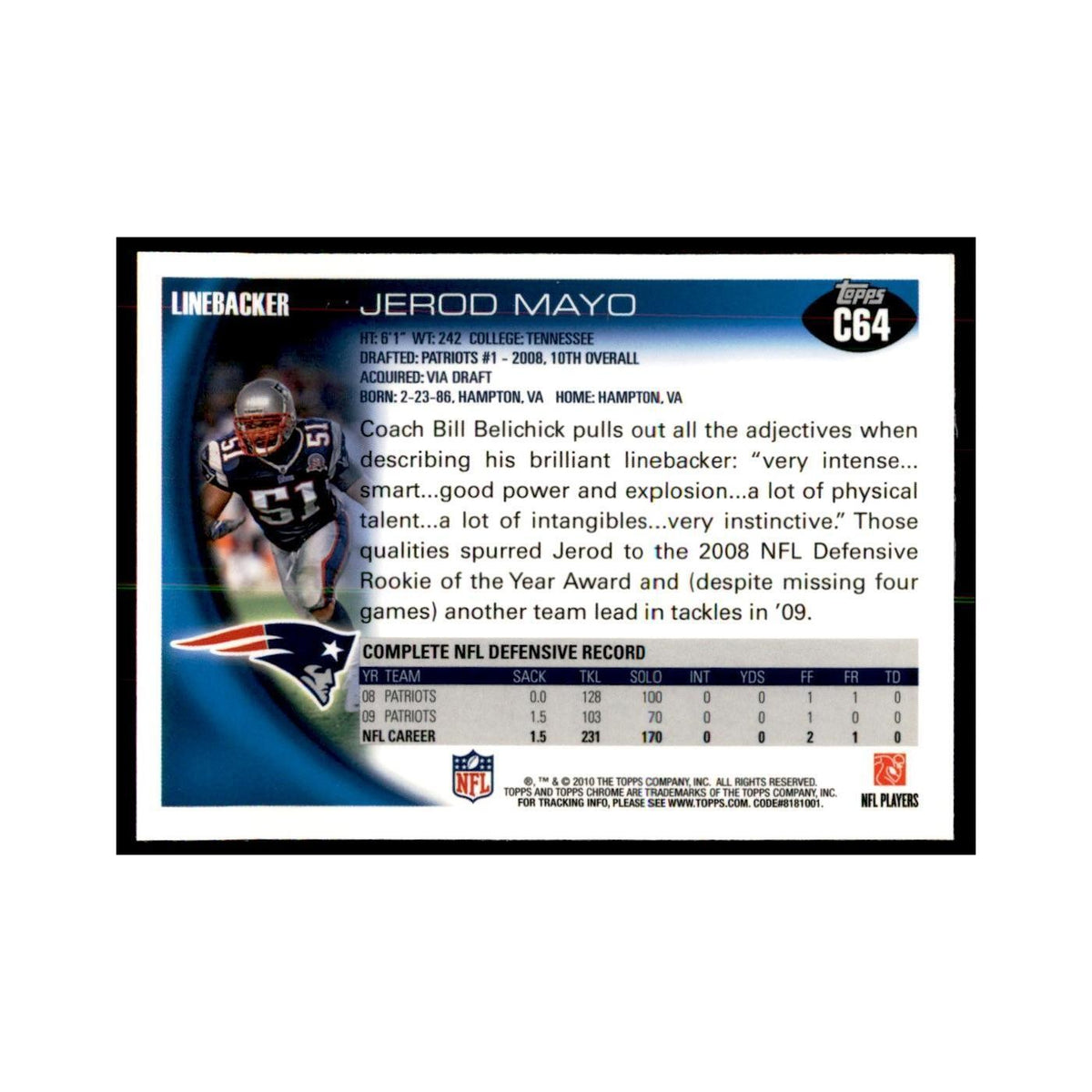 2010 Topps Chrome Jerod Mayo Football Cards #C64