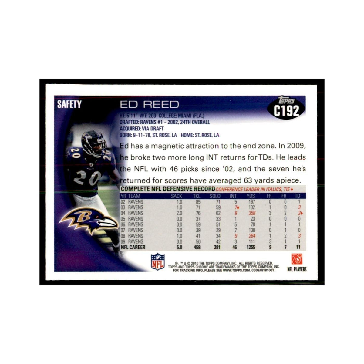 2010 Topps Chrome Ed Reed Football Cards #C192