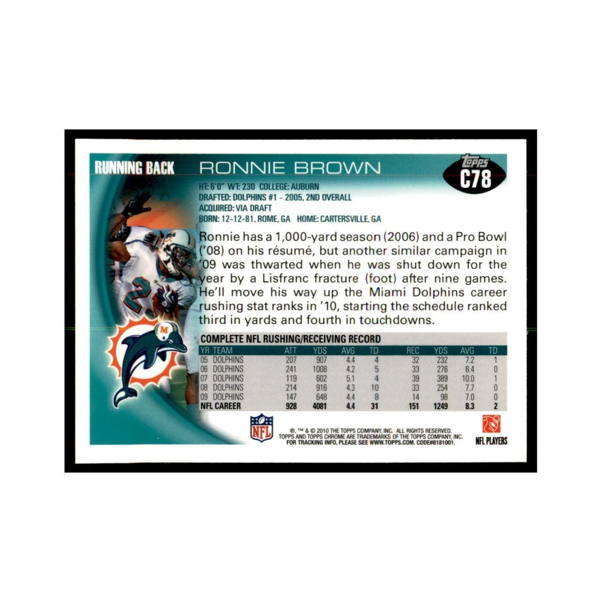 2010 Topps Chrome Ronnie Brown Football Cards #C78