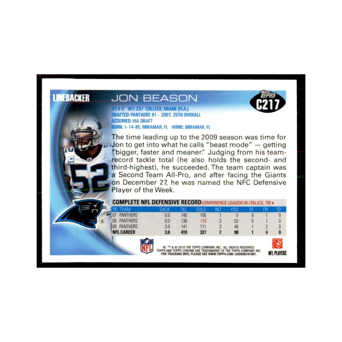 2010 Topps Chrome Jon Beason Football Cards #C217