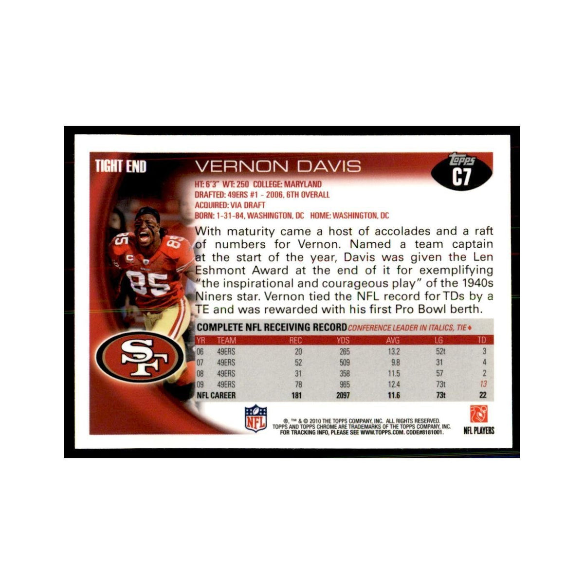 2010 Topps Chrome Vernon Davis Football Cards #C7