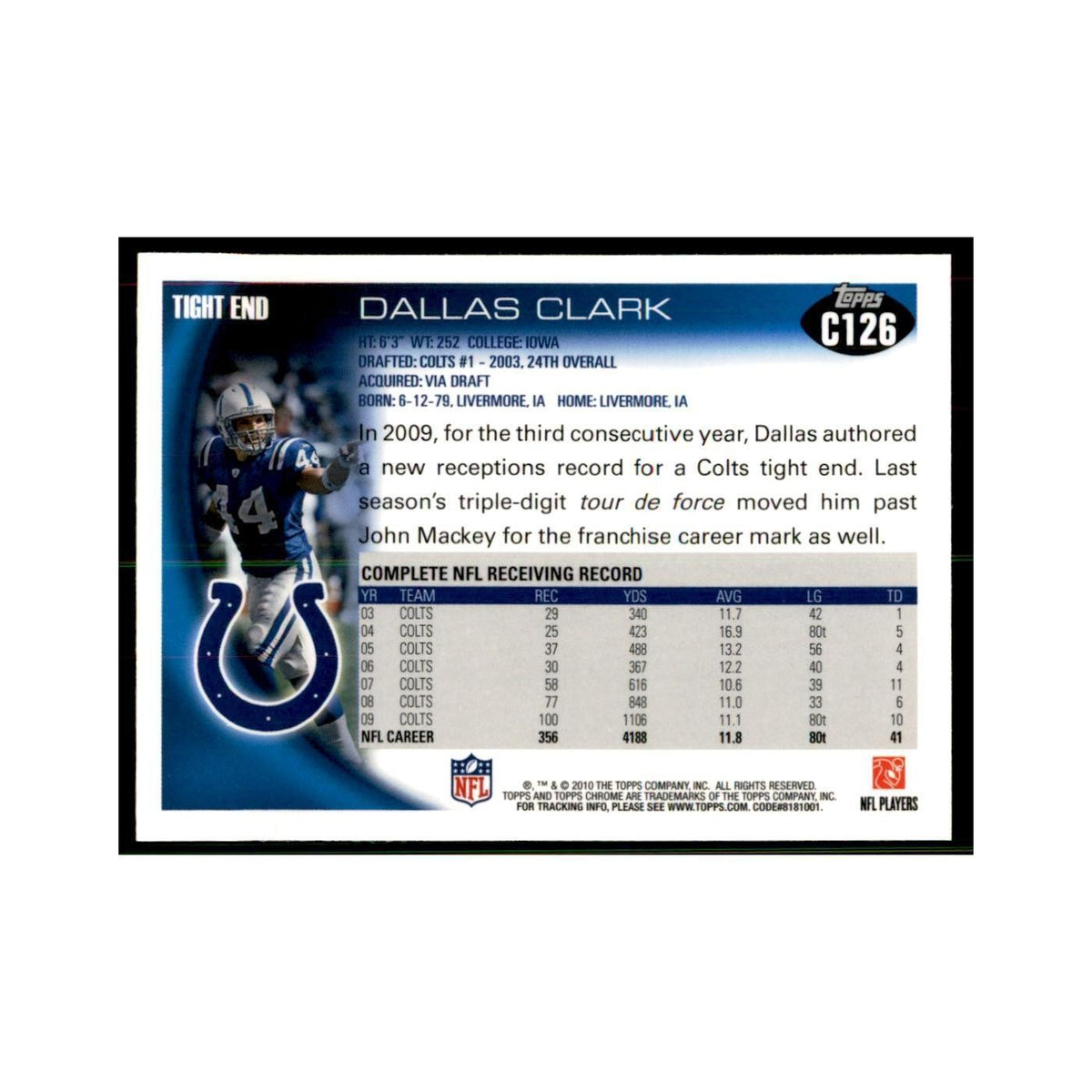 2010 Topps Chrome Dallas Clark Football Cards #C126