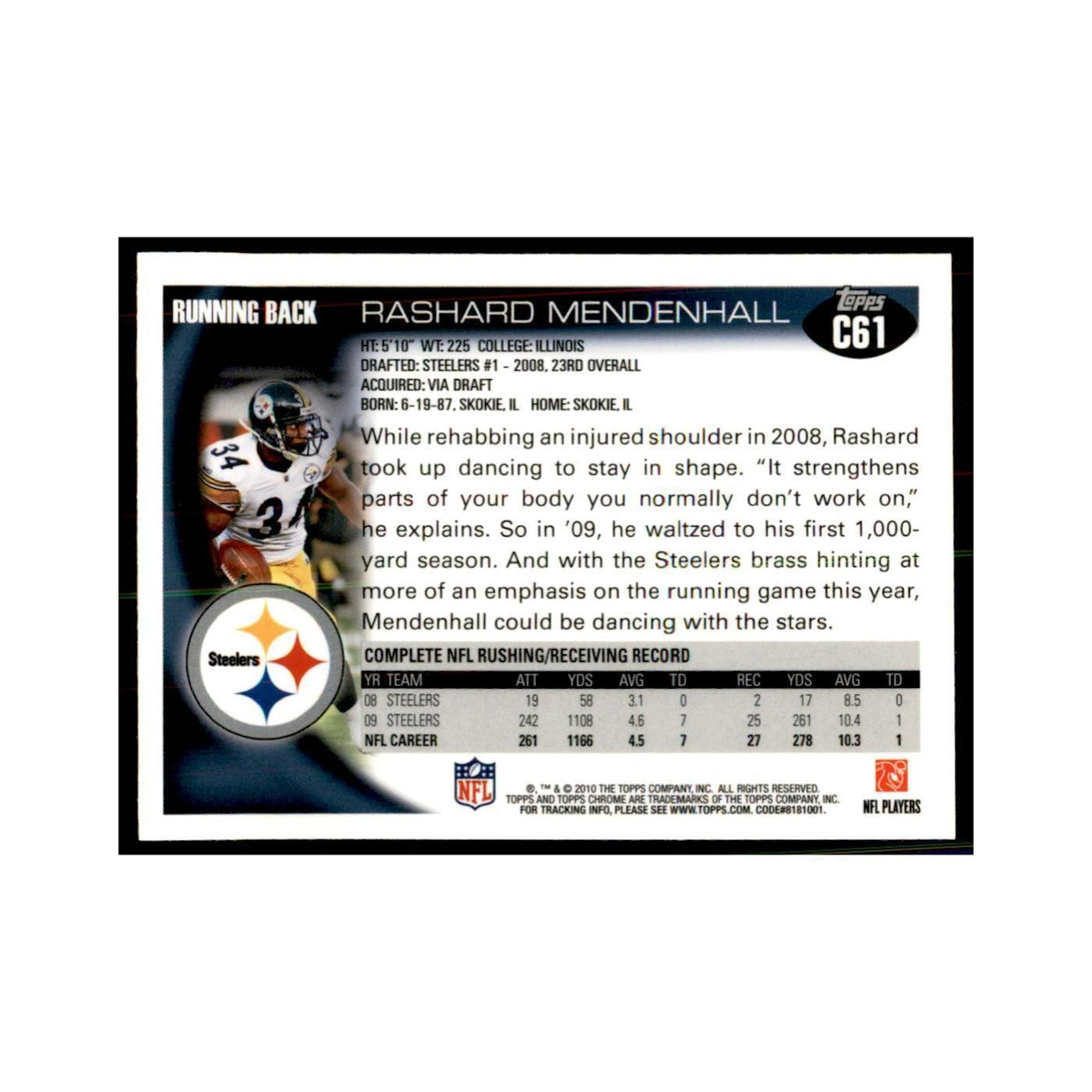 2010 Topps Chrome Rashard Mendenhall Football Cards #C61