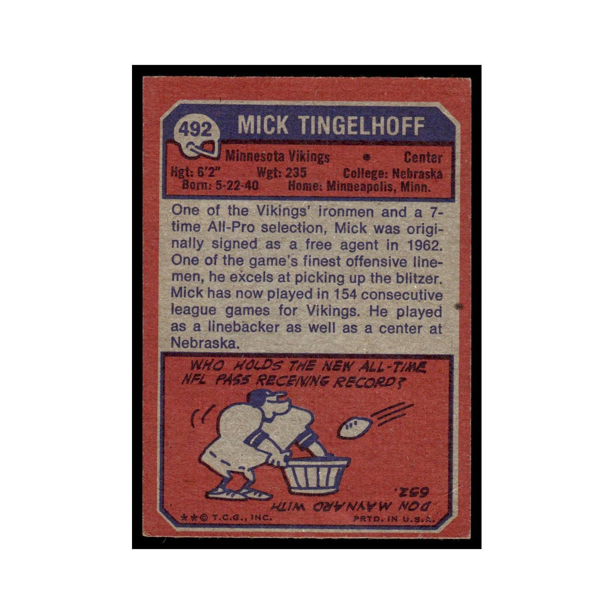 1973 Topps Football Card (Damaged) Mick Tingelhoff Vikings #492.0