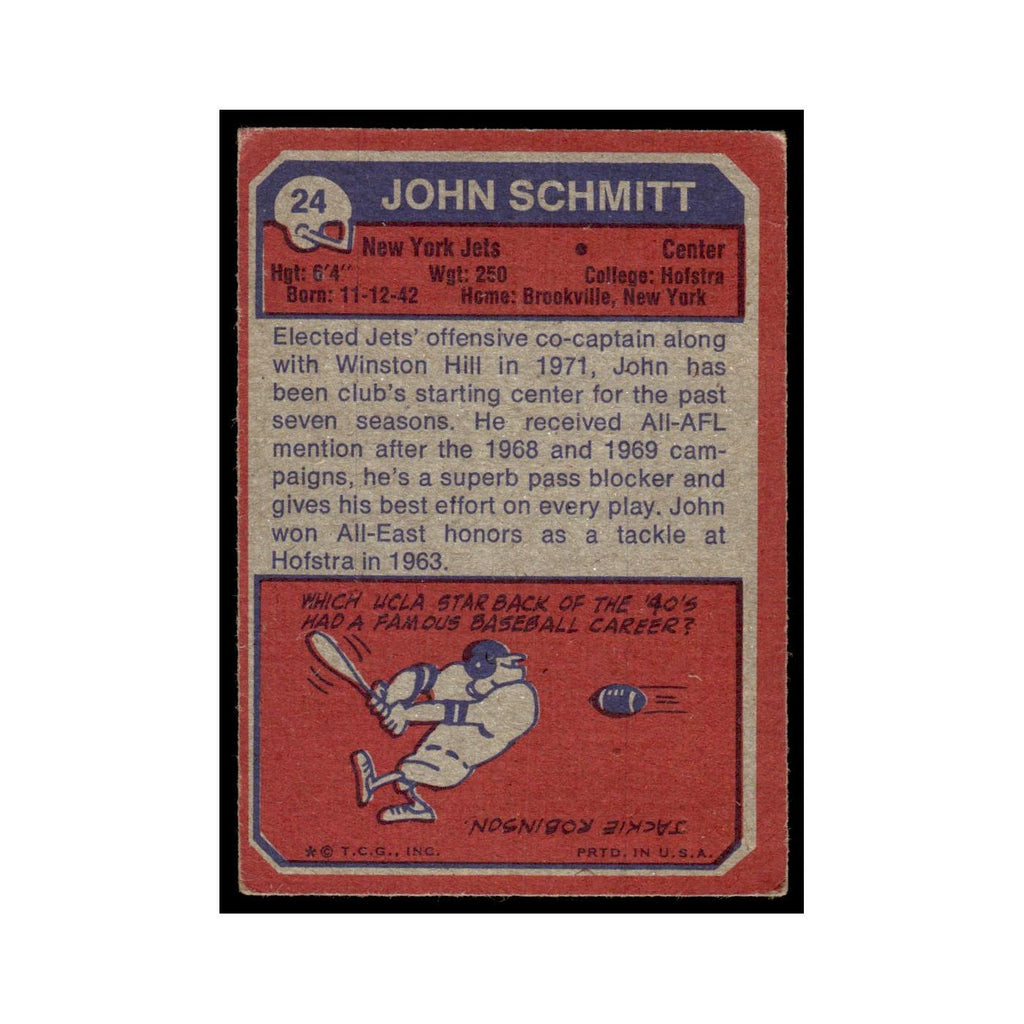 1973 Topps Football Card (Damaged) John Schmitt RC Jets #24.0