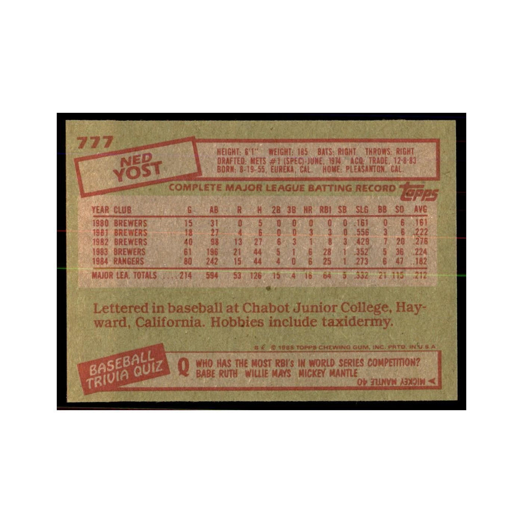 1985 Topps Ned Yost Baseball Cards #777