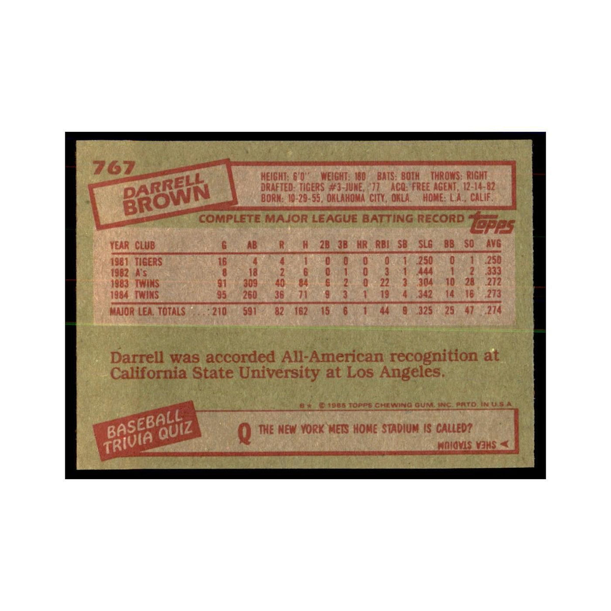1985 Topps Darrell Brown Baseball Cards #767