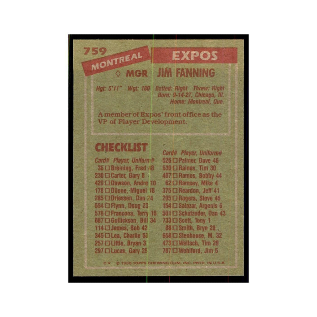 1985 Topps Jim Fanning Baseball Cards #759