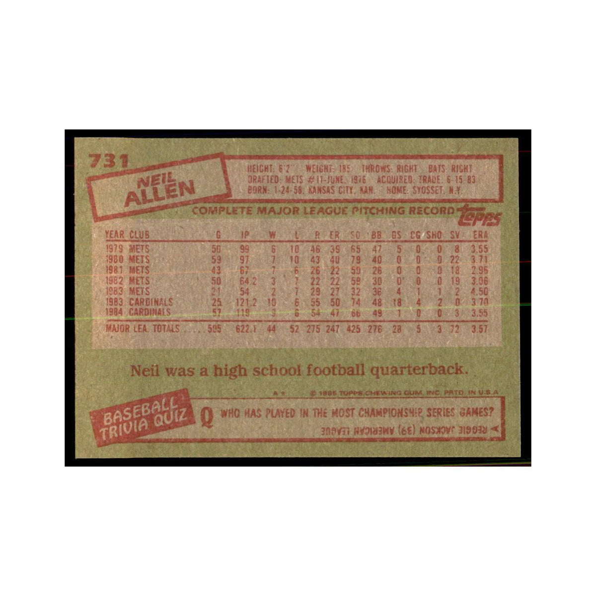 1985 Topps Neil Allen Baseball Cards #731