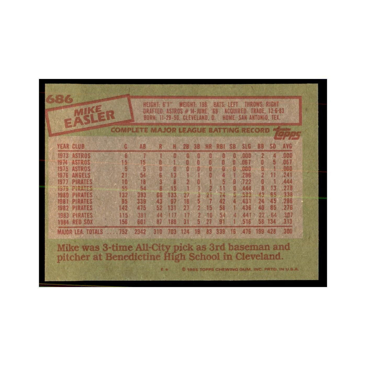 1985 Topps Mike Easler Baseball Cards #686
