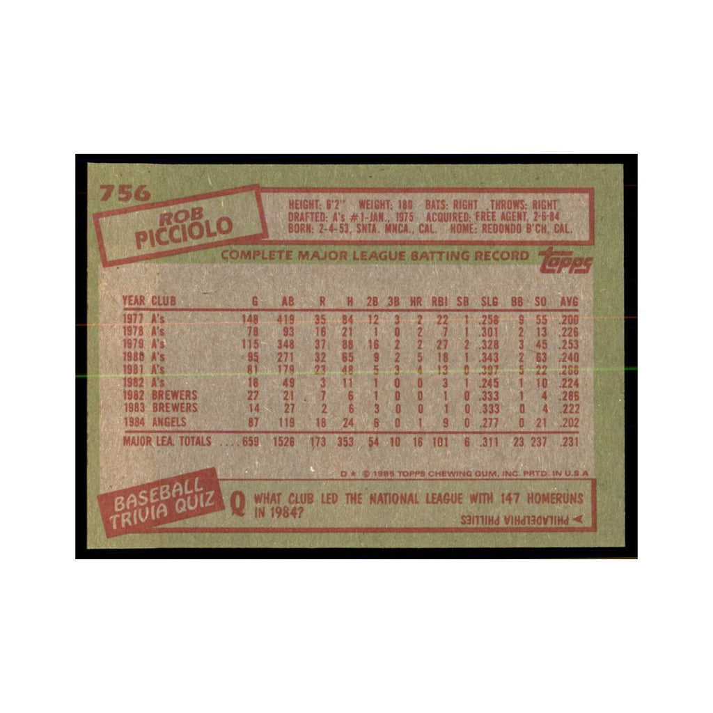 1985 Topps Rob Picciolo Baseball Cards #756