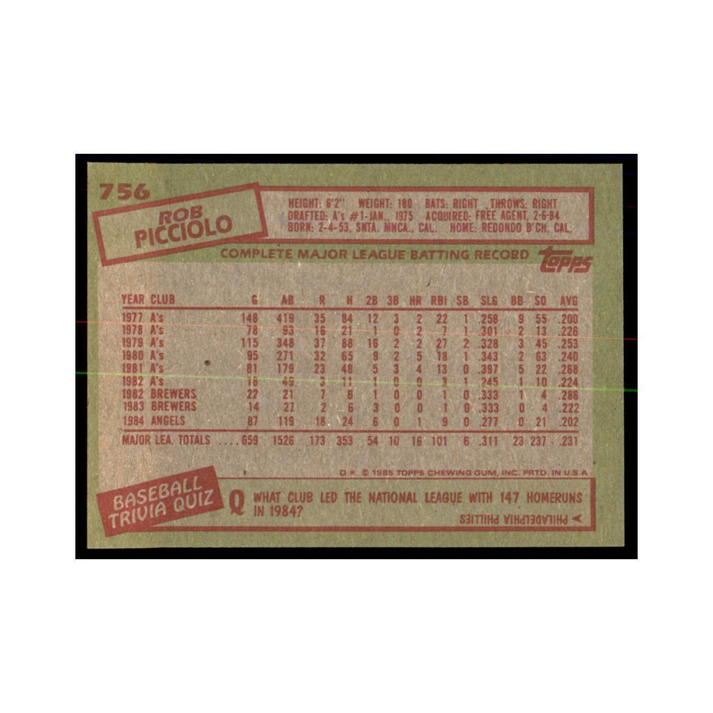 1985 Topps Rob Picciolo Baseball Cards #756