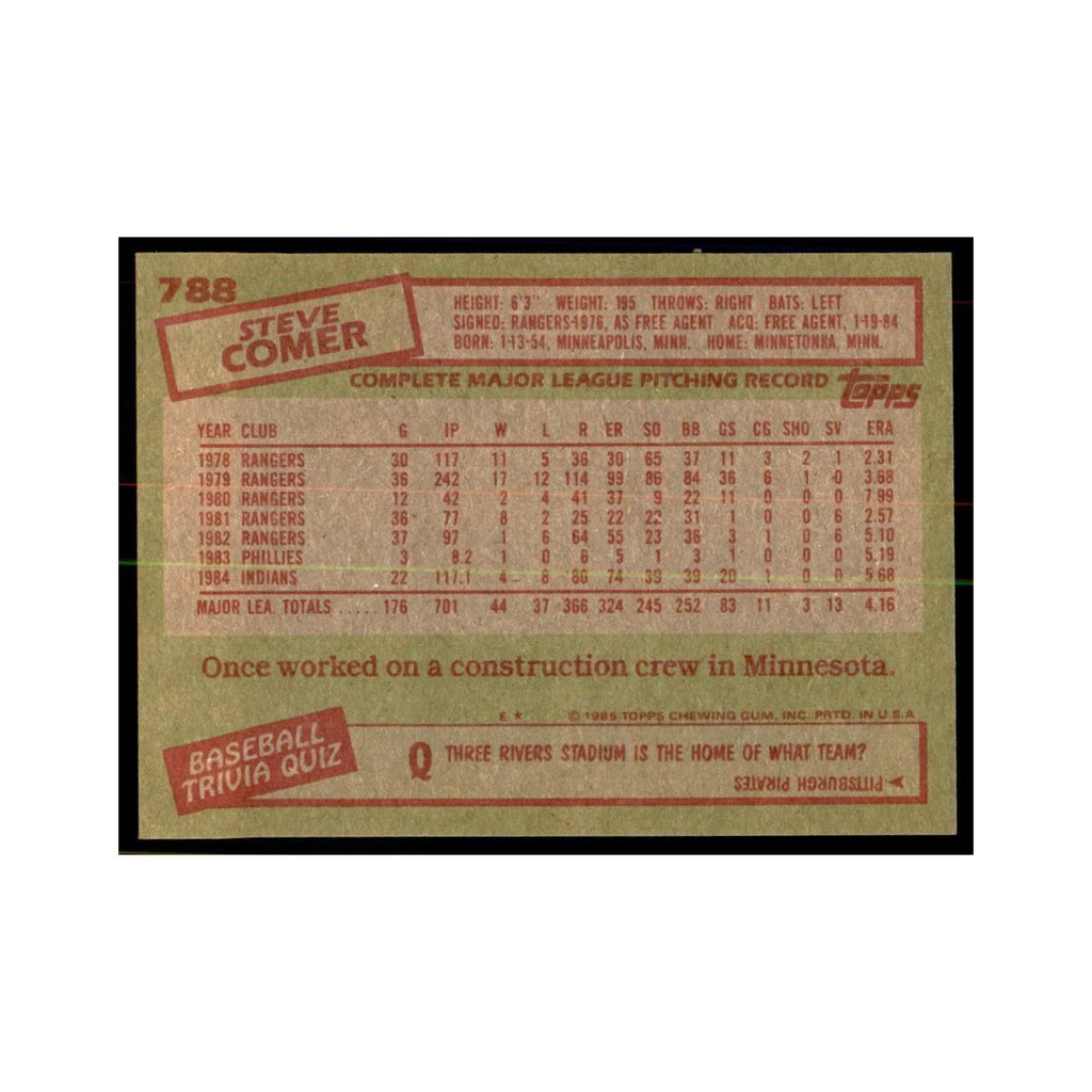 1985 Topps Steve Comer Baseball Cards #788