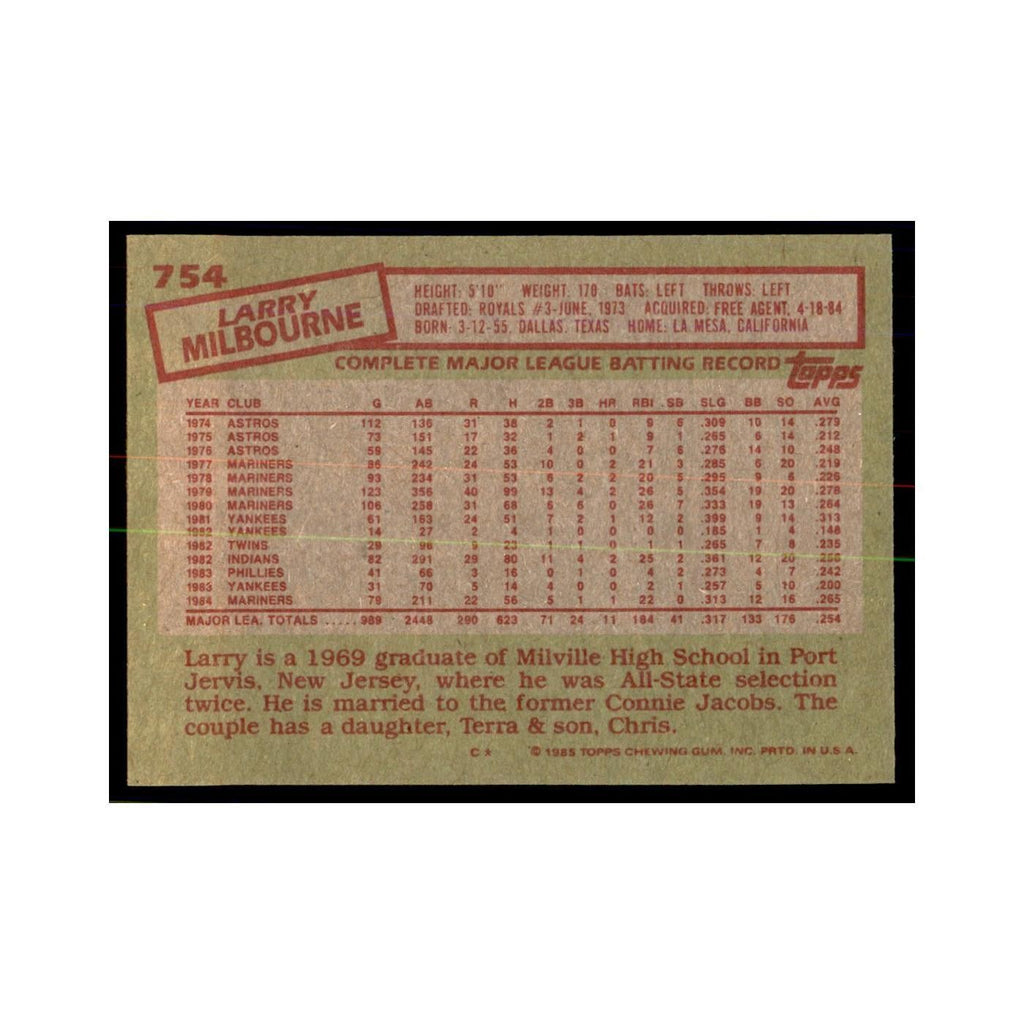 1985 Topps Larry Milbourne Baseball Cards #754