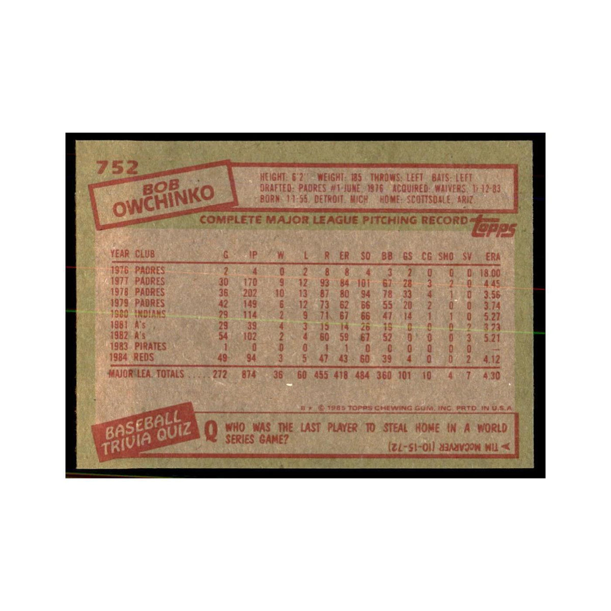 1985 Topps Bob Owchinko Baseball Cards #752