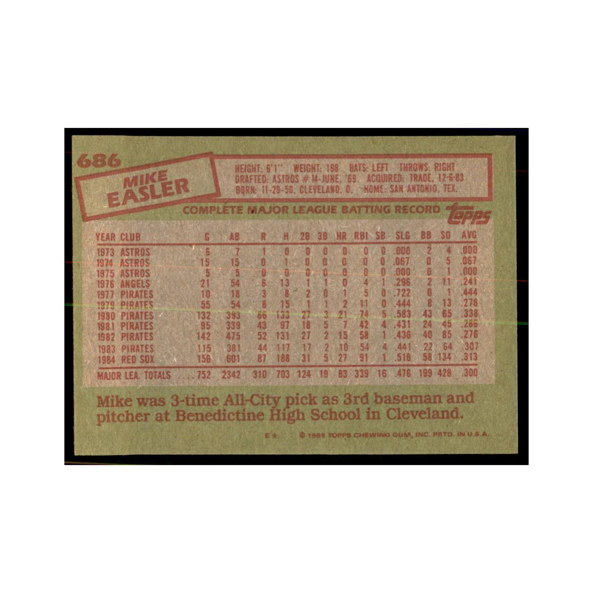 1985 Topps Mike Easler Baseball Cards #686
