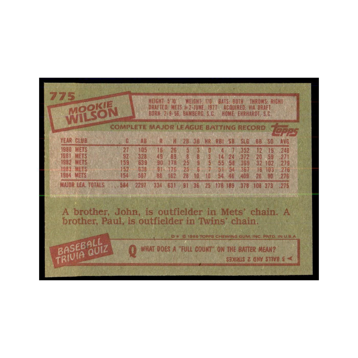 1985 Topps Mookie Wilson Baseball Cards #775
