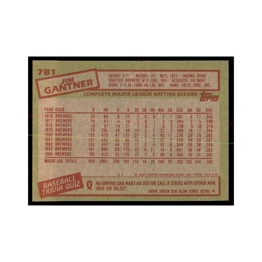 1985 Topps Jim Gantner Baseball Cards #781