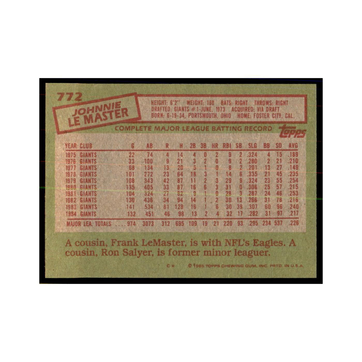 1985 Topps Johnnie LeMaster Baseball Cards #772