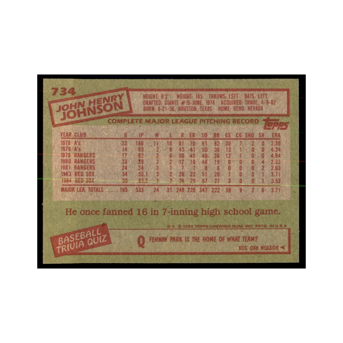 1985 Topps John Henry Johnson Baseball Cards #734