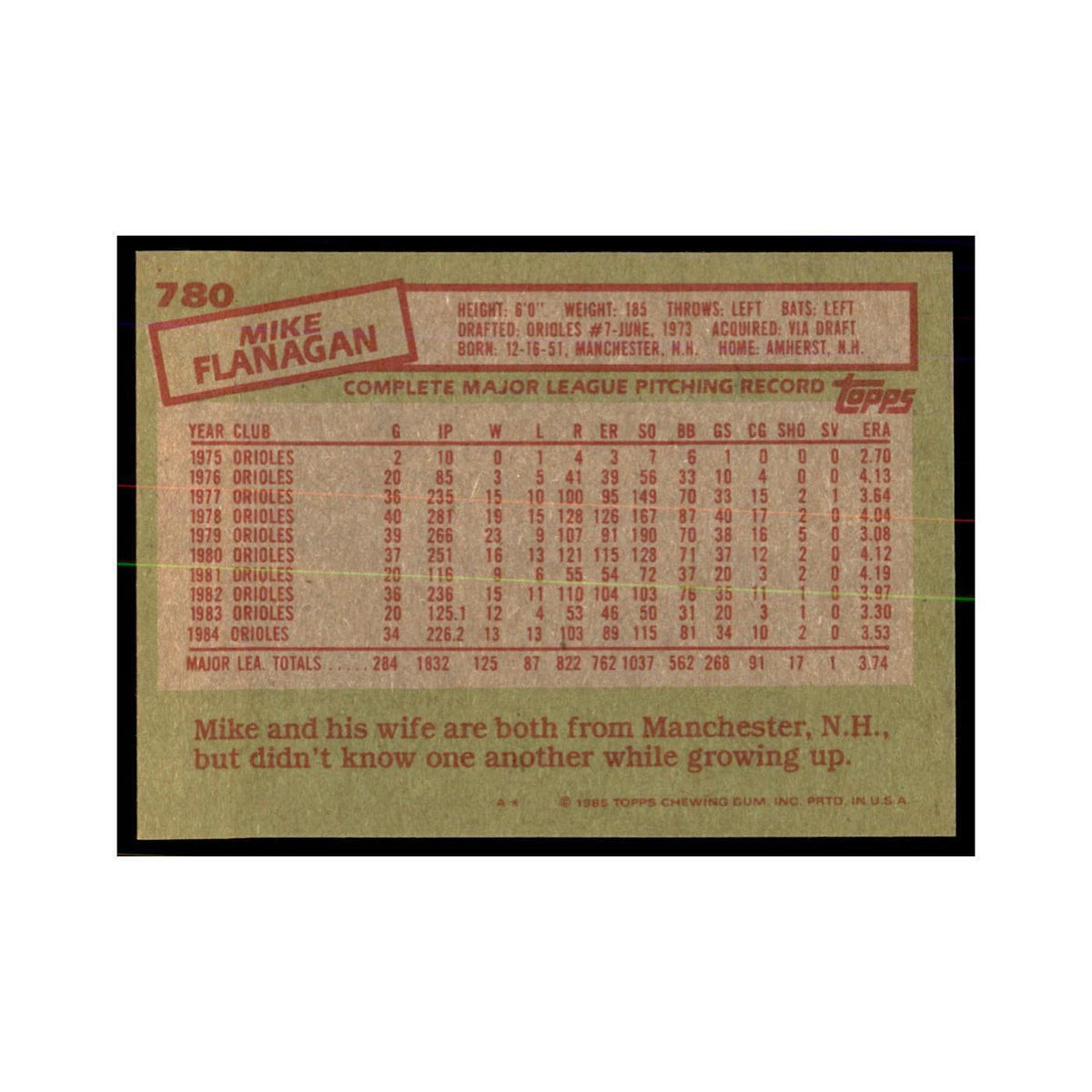 1985 Topps Mike Flanagan Baseball Cards #780