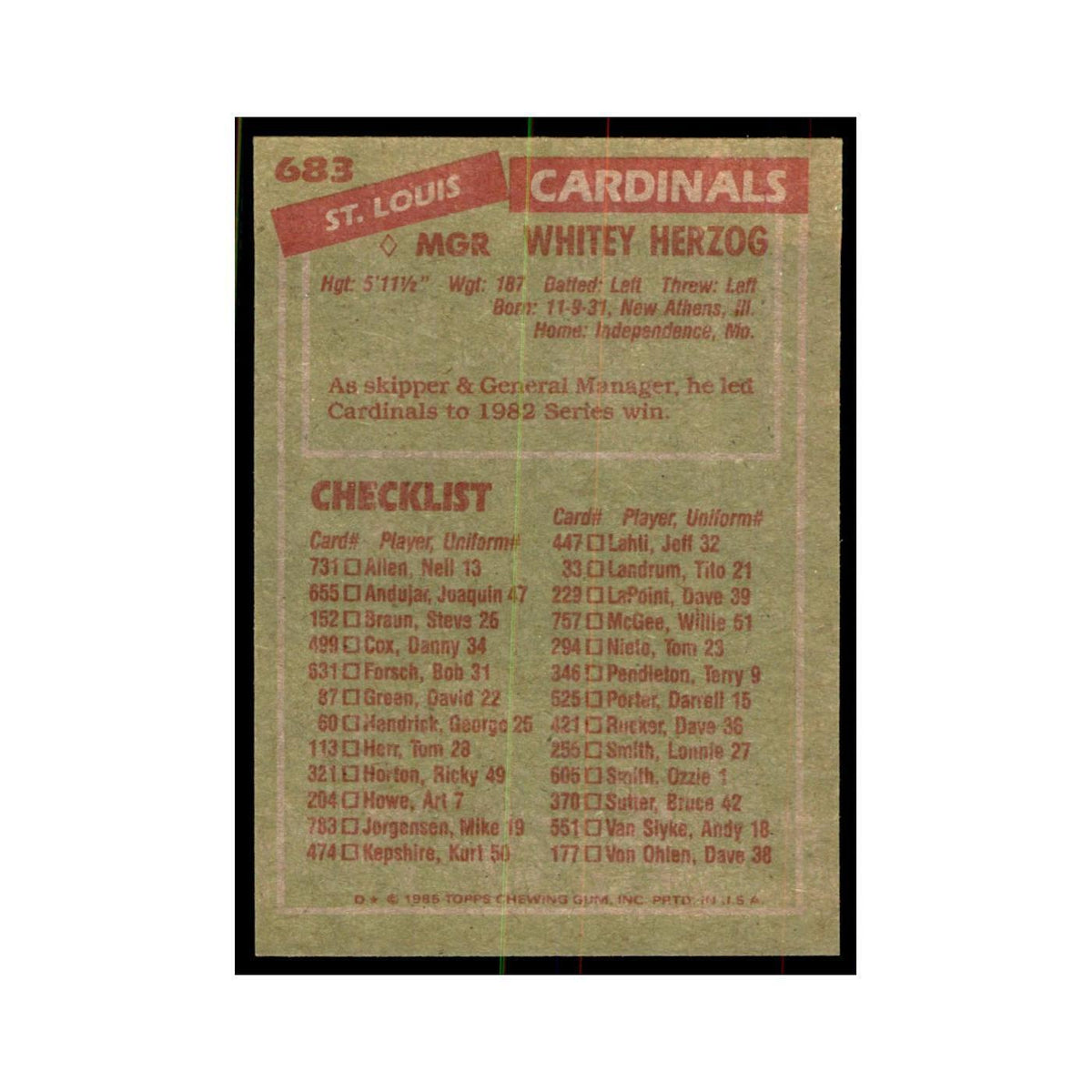 1985 Topps Whitey Herzog Baseball Cards #683